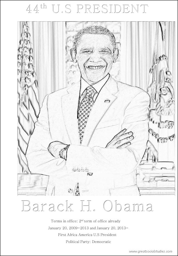 44th US president, Barack H. Obama, teens coloring | GREAT SOCIAL STUDIES